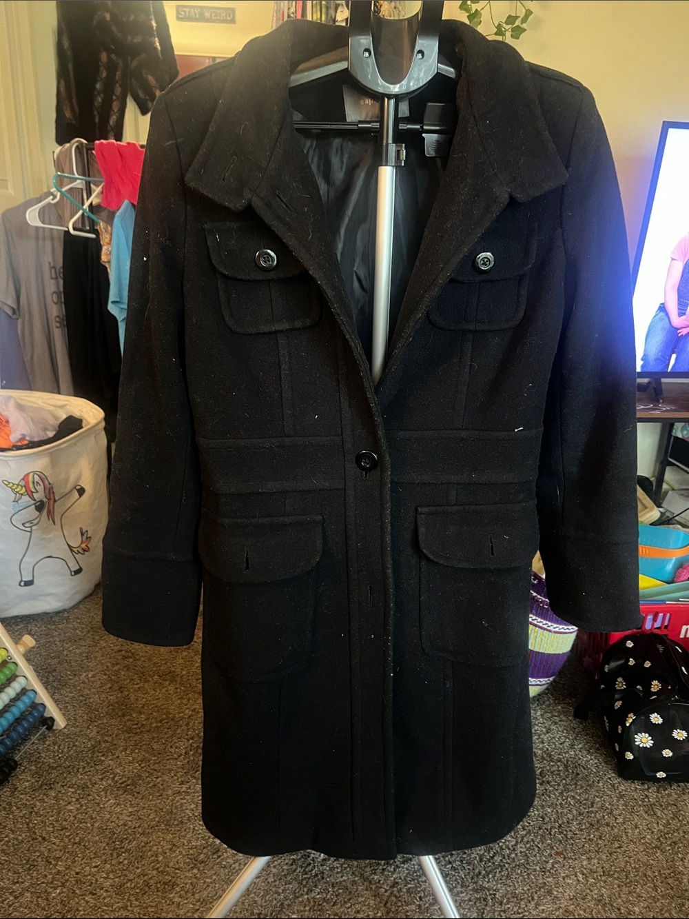 Apt. 9 Black Wool-Blend Pea Coat with Flap Pockets